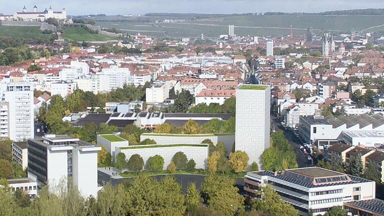 Vier neue Gebäude hinter dem Straßenbahn-Depot in der Sanderau: So sieht die geplante neue Wohnanlage 'Lichtblick' (Gebäudegruppe in der Bildmitte) in der Foto-Simulation aus.