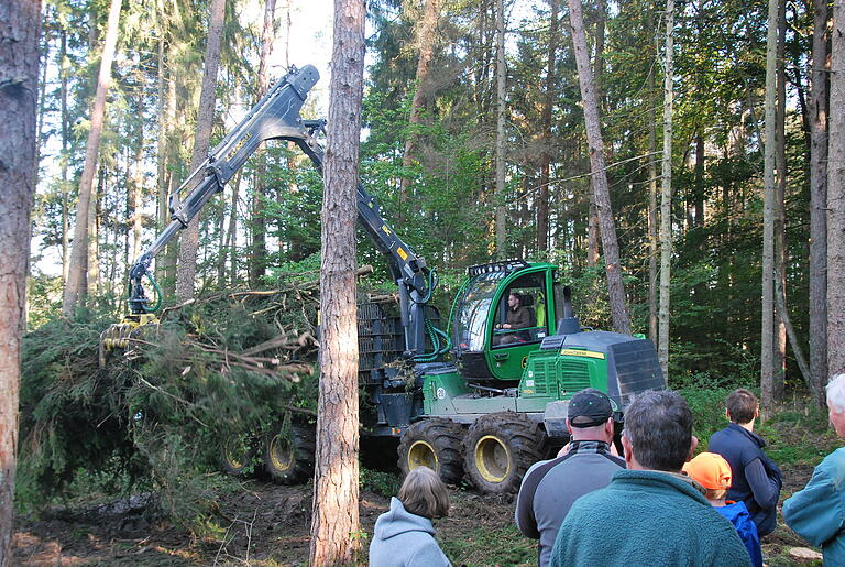 Der Abtransport der Stämme ist eine Herausforderung: Eine schwere Erntemaschine bahnt sich ihren Weg durch Wald.