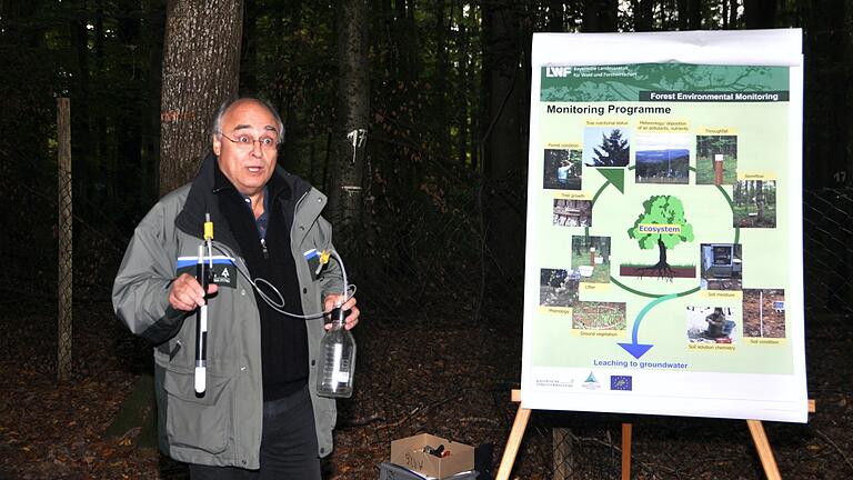 Hans Peter Dietrich von der LWF Freising erläuterte die Messdaten der Waldklimastation im Guttenberger Forst.