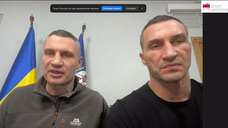 Bewegender Moment: Kiews Bürgermeister Vitali Klitschko (links) und sein Bruder Wladimir sind live in den Würzburger Stadtrat zugeschaltet.