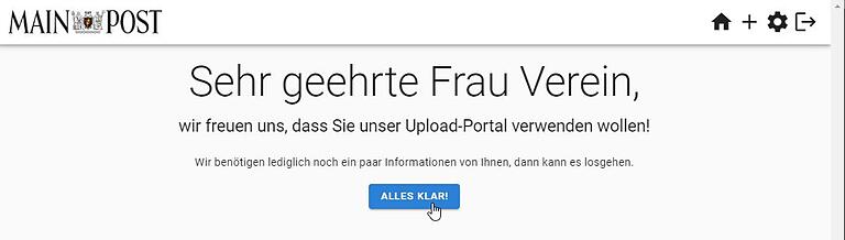 Screenshot: Begrüßung im Einsendeportal nach Anmeldung auf mainpost.de Screenshot: Begrüßung im Einsendeportal nach Anmeldung auf mainpost.de