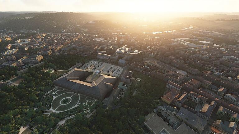 Der Hofgarten ist von oben deutlich auszumachen, nur die Residenz selbst erscheint etwas flach.