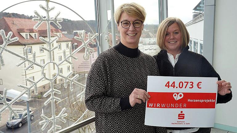 Marketingleiterin Bianca Simon und Andrea Wolf, verantwortliche Ansprechpartnerinnen für WirWunder in der Sparkasse, freuen sich über die tolle Spendensumme.