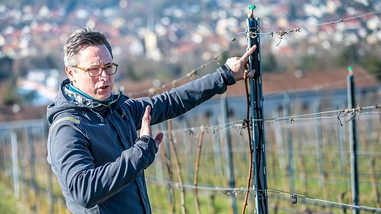 Bei Minusgeraden kommt aus der grünen Düse Sprühwasser, das sich als Eismantel schützend um die Triebe legt. Daniel Heßdörfer von der LWG erklärt das Bewässerungssystem.&nbsp;