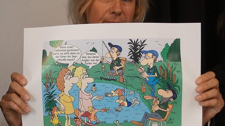 Sie nahm die schwierige Situation mit einem gewissen Humor: Petra Hohenberger vom Hallenbadverein kommentiert die mögliche Schwimmbadschließung mit einem Comic.