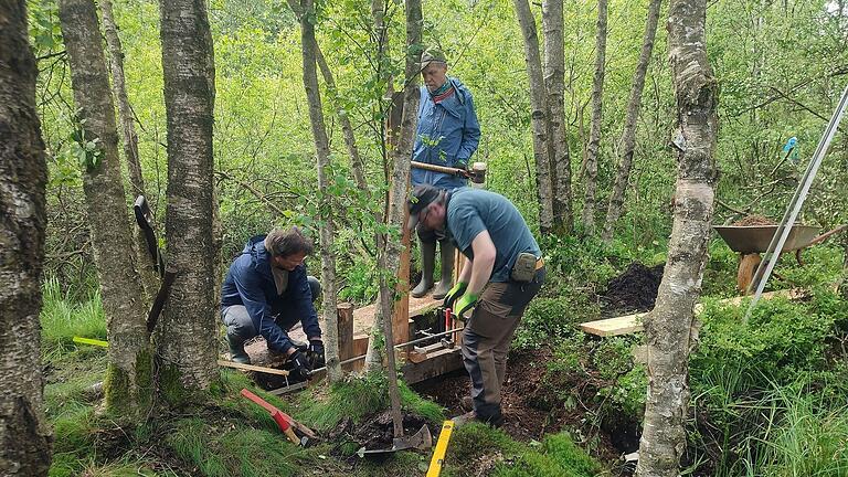 Freiwillige bauen eine Holzspundwand im Roten Moor ein.