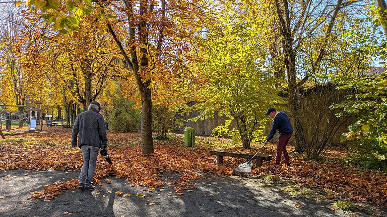 Kübert und Michalk befreien den Platz von Laub.       -  Kübert und Michalk befreien den Platz von Laub.