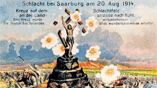 An der Schlacht bei Saarburg am 20. August 1914 nahm auch der Würzburger Soldat Otto Seidel teil. Als im Kampf ein Kreuz zerstört, die Jesusfigur aber erhalten wurde, machte die deutsche Propaganda daraus ein Zeichen für Gottes Beistand. An der Schlacht bei Saarburg am 20. August 1914 nahm auch der Würzburger Soldat Otto Seidel teil. Als im Kampf ein Kreuz zerstört, die Jesusfigur aber erhalten wurde, machte die deutsche Propaganda daraus ein Zeichen für Gottes Beistand.
