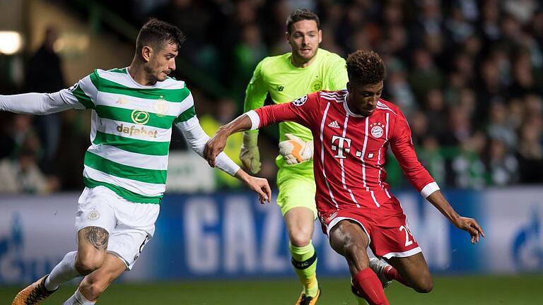 Tor Coman       -  Bayerns Kingsley Coman (r)erzielt den Führungstreffer für die Gäste, Celitic-Torwart Craig Gordon (hinten) hat das Nachsehen. Foto: Sven Hoppe