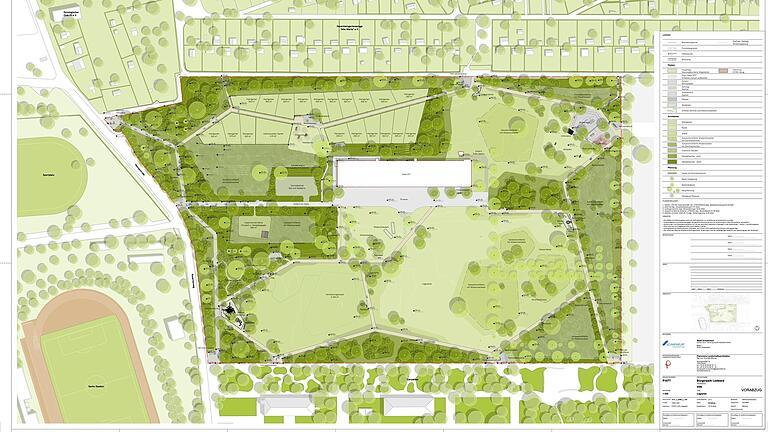 Das ist der Vorschlag des Planungsbüros für die Gestaltung des Bürgerparks in einem Teil der früheren Ledward-Kaserne in Schweinfurt. Entstehen soll der Park bis 2028. Am Bildrand unten die Carus-Allee, am Bildrand oben die Kleingartenanlage, links der Kasernenweg.