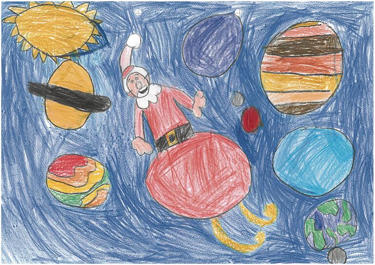 &nbsp;Leonie Lutz (6) aus Schweinfurt hat beim Mal-Wettbewerb mit schwerelosen Weltraum-Weihnachten zwischen den Planeten gewonnen.