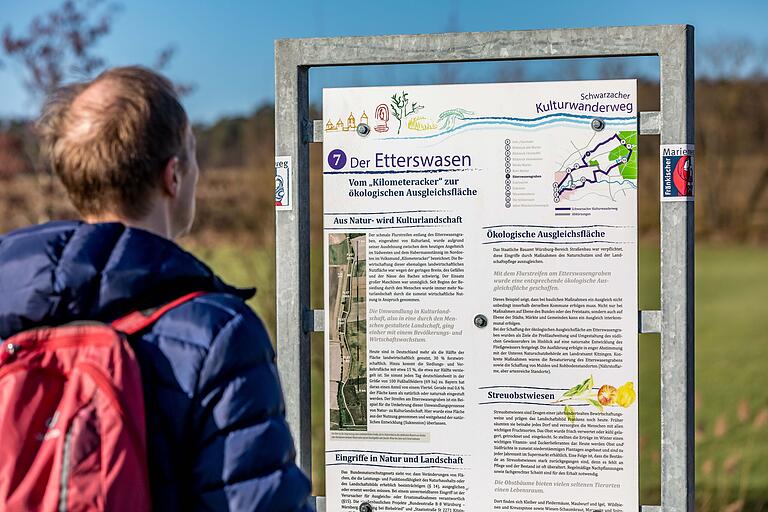 Die Informationstafel zum Etterswasen: Die Etter ist die Umgrenzung eines mittelalterlichen Dorfes aus Hecken oder Holzzäunen. Wasen weist auf ein Feuchtgebiet oder feuchte Wiesen hin. Der schmale Flurstreifen am Etterswasengraben ist ein Beispiel für die Umkehrung von Kultur- und Naturlandschaft: Hier wurde eine Fläche aus der Nutzung genommen und weitgehend der natürlichen Entwicklung überlassen. Die Informationstafel zum Etterswasen: Die Etter ist die Umgrenzung eines mittelalterlichen Dorfes aus Hecken oder Holzzäunen. Wasen weist auf ein Feuchtgebiet oder feuchte Wiesen hin. Der schmale Flurstreifen am Etterswasengraben ist ein Beispiel für die Umkehrung von Kultur- und Naturlandschaft: Hier wurde eine Fläche aus der Nutzung genommen und weitgehend der natürlichen Entwicklung überlassen.