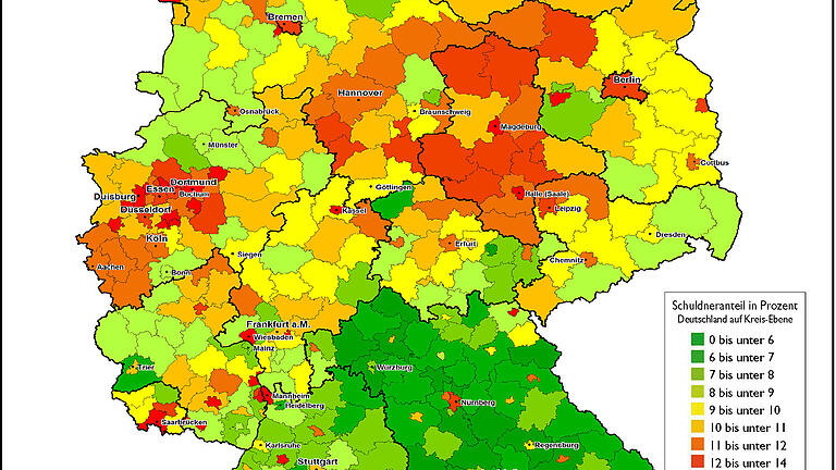 Schuldneratlas von Creditreform für 2018: Je mehr Rot, desto größer ist die Überschuldung.