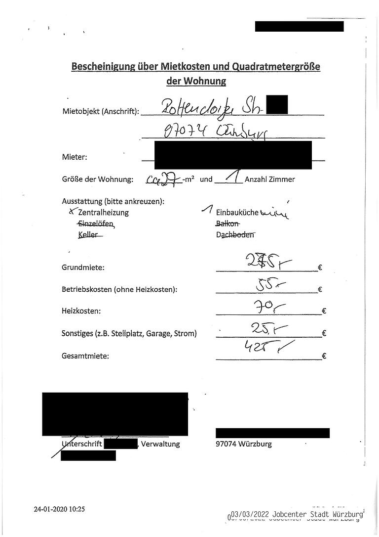 Bei Max R.'s Wohnungsbesichtigung füllte der Hausverwalter des Vermieters diese Bescheinigung aus. Anstatt der tatsächlichen elf Quadratmeter sind 27 Quadratmeter vermerkt. Trotz der Circa-Angabe dürfen die Quadratmeter nicht mehr als zehn Prozent von der tatsächlichen Wohnungsgröße abweichen.
