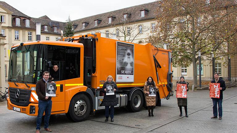 Philipp Kuhn(von links), Leiter der Stadtreiniger, Mark Endres (Stadtreiniger), Petra Müller-März (Gleichstellungsbeauftragte Stadt Würzburg), Sozialreferentin Hülya Düber, Daniela Autering (Gleichstellungsstelle Stadt Würzburg) und Oberbürgermeister Christian Schuchardt.