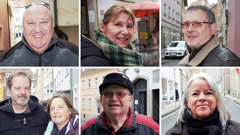 Walter Pretsch, Manuela Arnold, Roland Schmidt (oben von links), Mario und Inge Meyer, Dieter Zitzmann sowie Barbara Beck (unten von links) berichten über ihre Lieblingskrapfen.