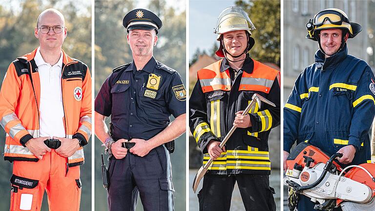 Steffen Krauß (BRK, von links) , Jochen Göhring (Polizei), Marco Denninger (Feuerwehr) und Daniel Bonic (THW) sind Vertreter der Blaulichtkampagne in Kitzingen.