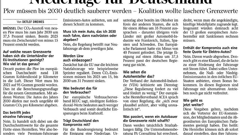 Main-Post Artikel vom 19.12.18       -  Niederlage für Deutschland, wenn nur die Koalition laschere Grenzwerte wollte? Auseinandersetzung mit einer Überschrift und dem durchaus gebräuchliegen Einsatz ganzer Länder, wenn es nur um deren Regierung geht.