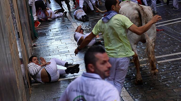 Sanfermín-Fest in Pamplona - Rette sich, wer kann! heißt es, wenn die Stiere kommen. Stürze sind häufig. Sanfermín-Fest in Pamplona - Rette sich, wer kann! heißt es, wenn die Stiere kommen. Stürze sind häufig.