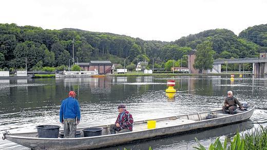 Aale für den Main: Die Fischerzunft hat in der Koppelstrecke zwischen Veitshöchheim und Harrbach 40 Kilo &bdquo;Steigaale&ldquo; eingesetzt. Hier der Schelch vor der Staustufe Harrbach.