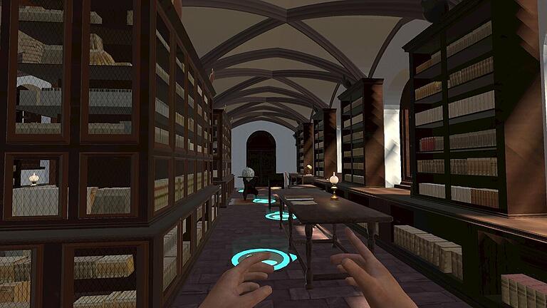 Blick in den mit VR-Technologie modellierten Alten Bibliothekssaal: Die Leuchtkreise markieren die Stellen, an die man sich teleportieren kann.