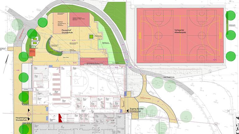 Die Außenanlagen der neuen Grabfeldschule. Unten grau dargestellt der Bestand der Mittelschule, darüber der Neubau. Ganz oben links der neue Pausenbereich der Grundschule.