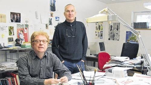 „Witze für Deutschland“ machen die Karikaturisten Achim Greser (links) und Heribert Lenz in ihrem Atelier in Aschaffenburg. „Witze für Deutschland“ machen die Karikaturisten Achim Greser (links) und Heribert Lenz in ihrem Atelier in Aschaffenburg.