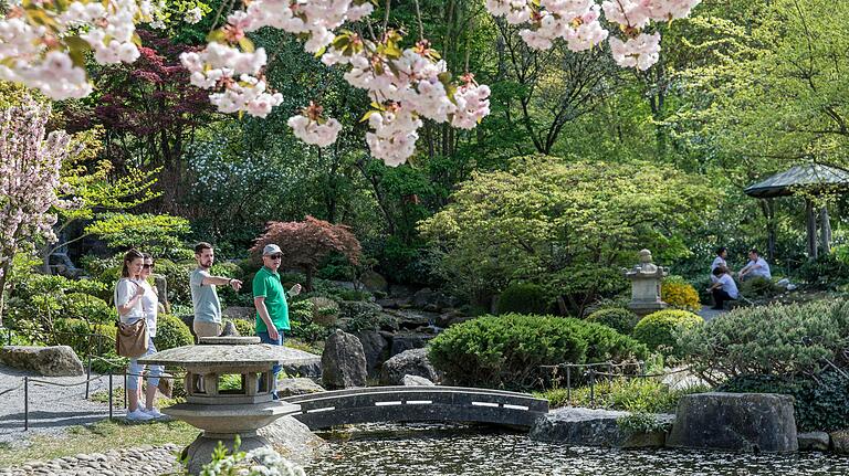 Blick auf den japanischen Garten auf dem Gelände der Landesgartenschau 1990 in Würzburg.