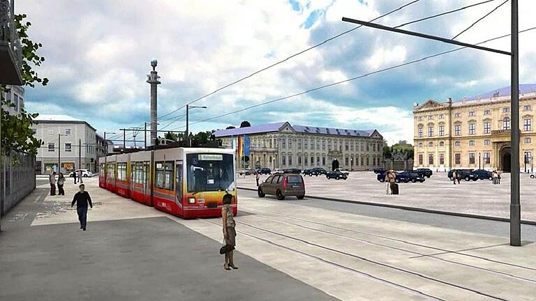 Würzburgs Hochschulen setzen auf neue Straßenbahnlinie       -  Szene aus einer WVV-Animation 2011: So könnte die Straßenbahn einmal die Residenz passieren.