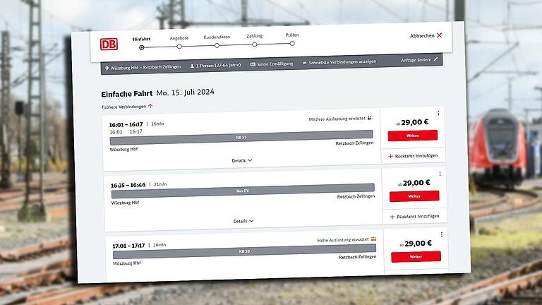 Wer mit dem Regionalzug von Würzburg nach Retzbach fahren möchte, bekommt in der Bahn-App ein Ticket für 29 Euro angeboten.