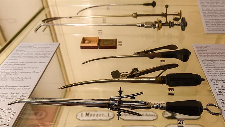 Kunstvoll geschaffen zu Lehrzwecken &ndash; und auch zum Einsatz am Patienten: Stücke aus den Medizinhistorischen Sammlungen Würzburg. Das lange Instrument in der Vitrine ist das Lithotom caché.