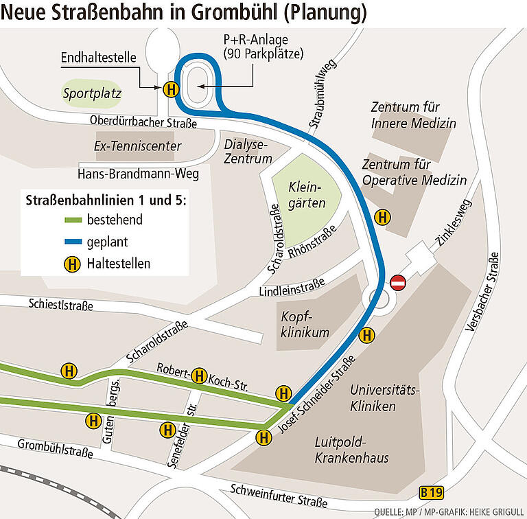 Streckenneubau: Mit der Straba zu ZIM und ZOM       -  1,3 Kilometer lang wird die Verlängerung: Die Grafik zeigt die erweiterte Trasse entlang von Josef-Schneider- und Oberdürrbacher Straße. Die Sperrung des Zinklesweges für den Durchfahrtsverkehr soll mit Fertigstellung der Straba erfolgen – sofern der Stadtrat bei seiner früheren Absicht bleibt.