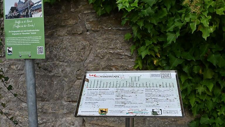 Eine von zwei neuen Tafeln des baden-württembergischen Mundartweges steht an der Kirche in Großrinderfeld. Weitere Tafeln werden in Kürze auch in den anderen drei Ortsteilen von Großrinderfeld aufgestellt. Eine von zwei neuen Tafeln des baden-württembergischen Mundartweges steht an der Kirche in Großrinderfeld. Weitere Tafeln werden in Kürze auch in den anderen drei Ortsteilen von Großrinderfeld aufgestellt.