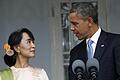 Barack Obama und Aung San Suu Kyi       -  Offenbar Einvernehmen herrscht zwischen US-Präsident Obama und der birmanischen Oppositionsführerin Aung San Suu Kyi. Foto: Barbara Walton