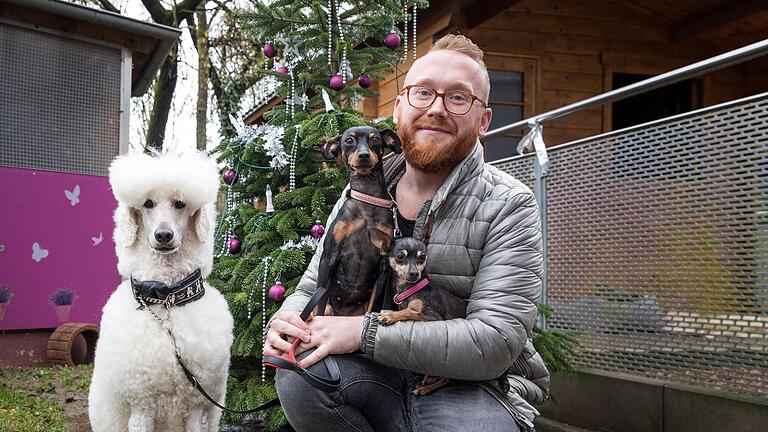 Tierpfleger Maxim Iochim zeigt sich auf diesem Bild aus dem Jahr 2020 im Tierheim in Würzburg mit den Hunden Mozart (Pudel), Primadonna und Escarda.