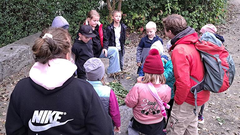 Interessiert betrachten die Kinder eine Fledermaus, die sie aus Naturmaterialien, wie Zweigen, Blättern und Halmen unter Anleitung des Erlebnispädaogogen Paul Heidner erstellt haben.