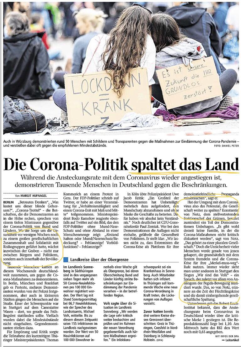 Eine Überschrift, die pauschalisiert. Text-Passagen, welche der Aussage, dass die Corona-Politik das Land spaltet, zumindest nahe kommen, sind gelb gezeichnet. Aus Main-Post vom 11. Mai 2020.