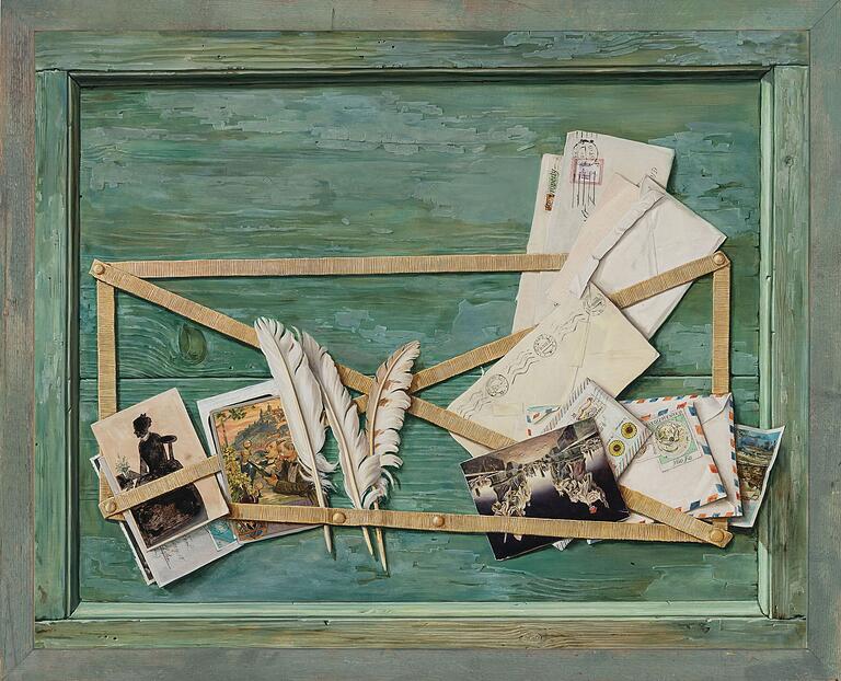 Auf 'Grünes Steckbrett' von 1982 hat Wolfgang Lenz' sein berühmtes Bild 'Würzburger Totentanz - zum 16. März 1945' als Postkarte auf den Kopf gestellt. © Nachlass Wolfgang Lenz Auf 'Grünes Steckbrett' von 1982 hat Wolfgang Lenz' sein berühmtes Bild 'Würzburger Totentanz - zum 16. März 1945' als Postkarte auf den Kopf gestellt. © Nachlass Wolfgang Lenz