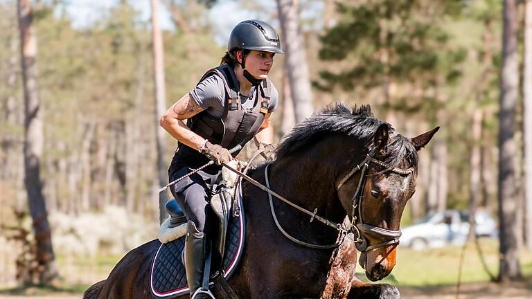 Turnier-Vorbereitung beim RFV Sulzthal - Lili Schmitt vom RFV Sulzthal im Sattel des Trakehners Blue Polar Moon war eine der Teilnehmerinnen am Lehrgang im Gelände. Turnier-Vorbereitung beim RFV Sulzthal - Lili Schmitt vom RFV Sulzthal im Sattel des Trakehners Blue Polar Moon war eine der Teilnehmerinnen am Lehrgang im Gelände.