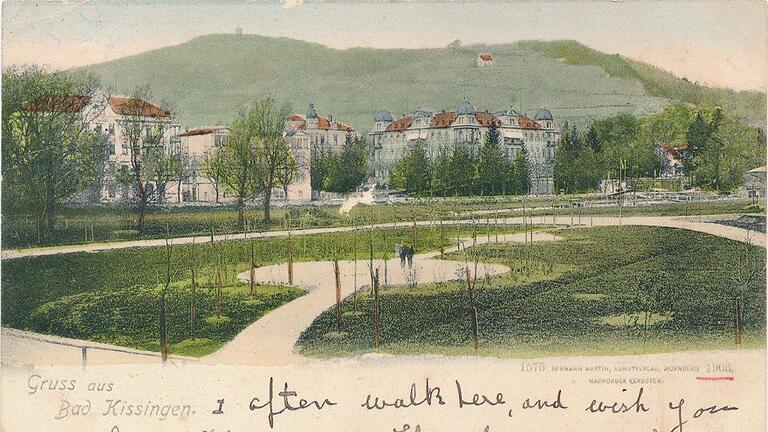 Geschichte des Radsports in Bad Kissingen       -  Diese Postkarte zeigt die Radfahrschule, die sich an der Stelle des Rosengartens befand.