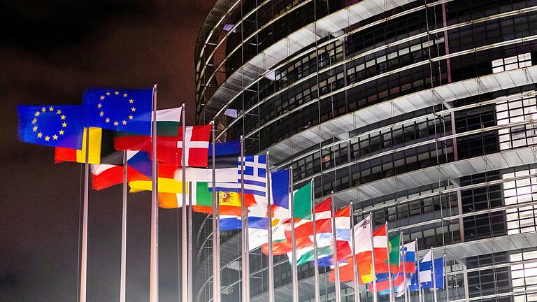 Die Flaggen der europäischen Mitgliedsstaaten wehen vor dem Gebäude des Europäischen Parlaments in Straßburg. Am 9. Juni wird wieder gewählt.&nbsp;&nbsp;