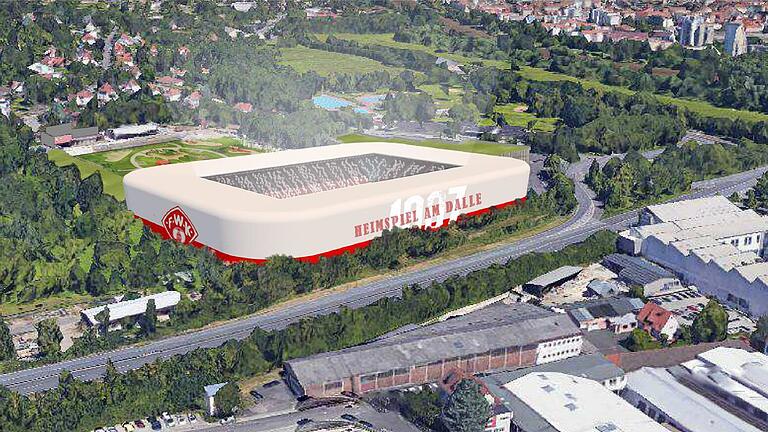 So könnte das neue Kickersstadion von Süden aus aussehen. Im Vordergrund verläuft die Bundesstraße 19 hoch zur Autobahnanschlussstelle Würzburg-Heidingsfeld.