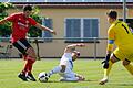 &nbsp;Fabian Reith (links, FT Schweinfurt) gegen Marco Kramosch (ASV Rimpar) und Torwart Robin Michel (ASV Rimpar)