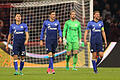 Geschlagen       -  Die Schalker Leon Goretzka, Torwart Ralf Fährmann und Benedikt Höwedes (l-r) lassen nach dem zweiten Gegentreffer die Köpfe hängen. Foto: Ina Fassbender