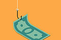 Banknote on fishing hook over yellow background. Scam and phishing concept. Vector isometric illustration       -  Banknote on fishing hook over yellow background. Scam and phishing concept. Vector isometric illustration