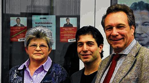 Die Kandidaten der Linken: Angelika Strobel für den Bezirkstag, Ali Mursa Tas für den Landtag und Klaus Ernst für den Bundestag.