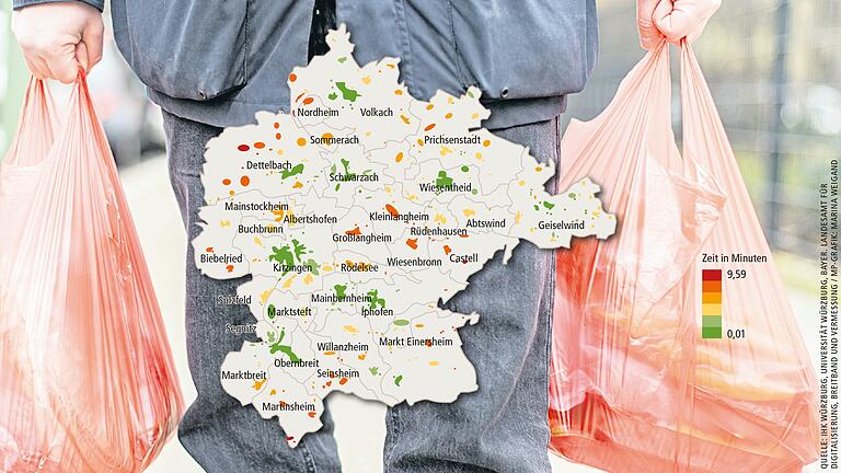 So lange braucht man im Landkreis Kitzingen mit dem Auto zum nächsten Nahversorger. So lange braucht man im Landkreis Kitzingen mit dem Auto zum nächsten Nahversorger.