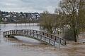 Die Brücke über die Saale hier bei Bad Neustadt hat bei dem Hochwasser ihre Bedeutung verloren. Allerdings nur vorübergehend, denn die Fluten sollen langsam wieder abfließen.