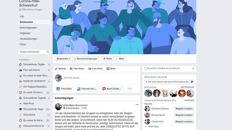 Screenshot der Facebookgruppe 'Corona-Hilfe-Schweinfurt'. Screenshot der Facebookgruppe 'Corona-Hilfe-Schweinfurt'.